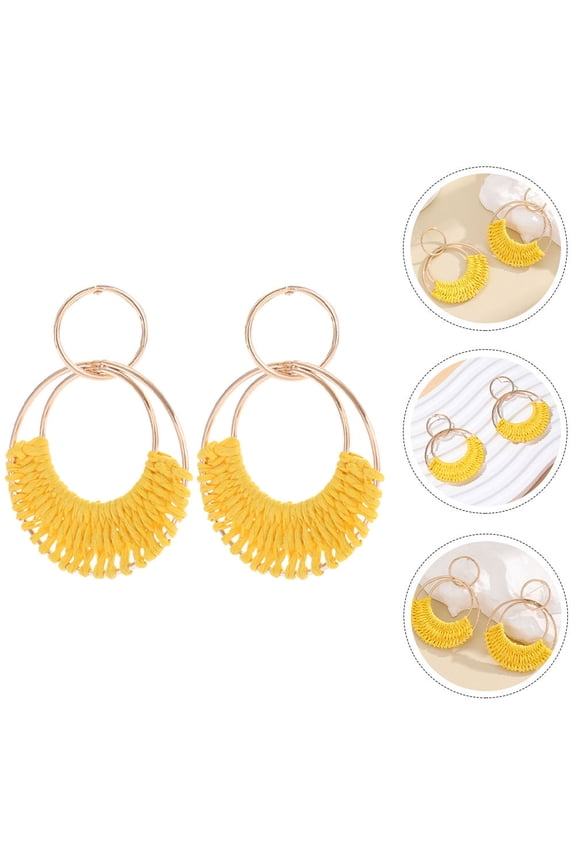 1 Pair Raffia Flower Earrings Yellow Bohemian Style Metal Oval For Women Beach Stage Performances
