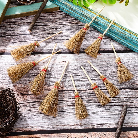 SWETRACE 10 Pcs Miniature Brooms for Kids and Adults in Brown and Yellow Colors with Material for Parties Large 3.74in Small 1.97in