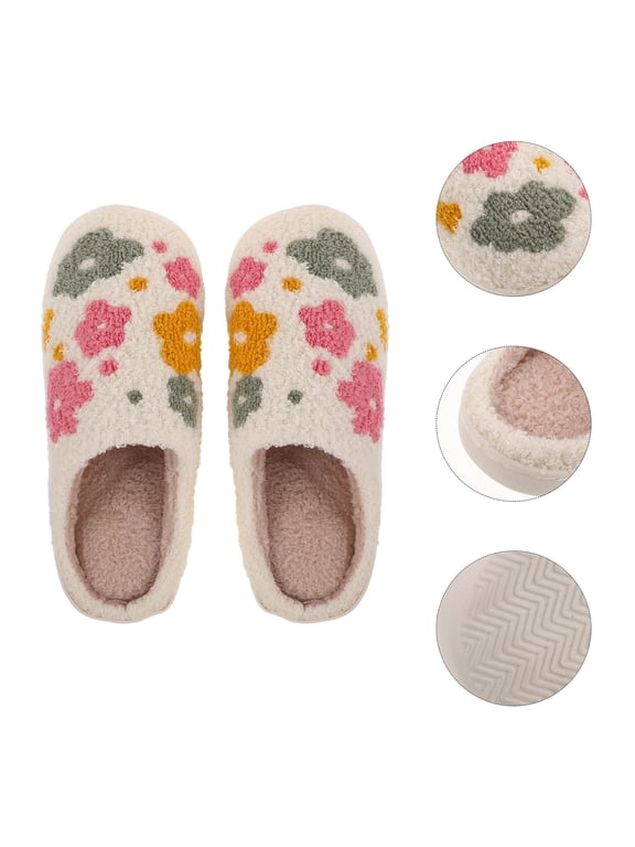 Women's Warm Plush Slippers, 1 Pair Indoor Wool Plush Furry Floral House Shoes, Comfortable Bedroom -Ons for Home