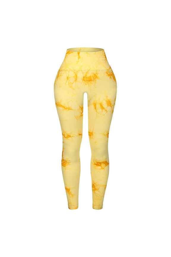 1Pcs Women Leggings High Waist Design Seamless Cutting Tie-dye Pattern Yellow L 35.0x12.6x0.2in