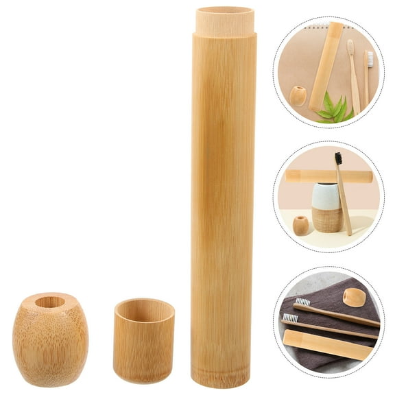 SWETRACE 1Set Bamboo Toothbrush Stand Rustic Style Portable Travel Toothbrush Container Khaki 8.3x1.2x1.2in