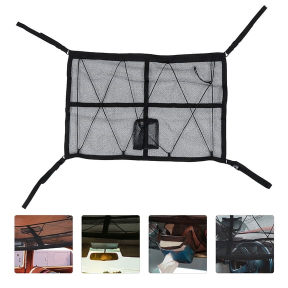 SWETRACE 1Set Black Rectangular Car Roof Storage Net with Tissue Box Holder and Adjustable Hanging for Car Owners
