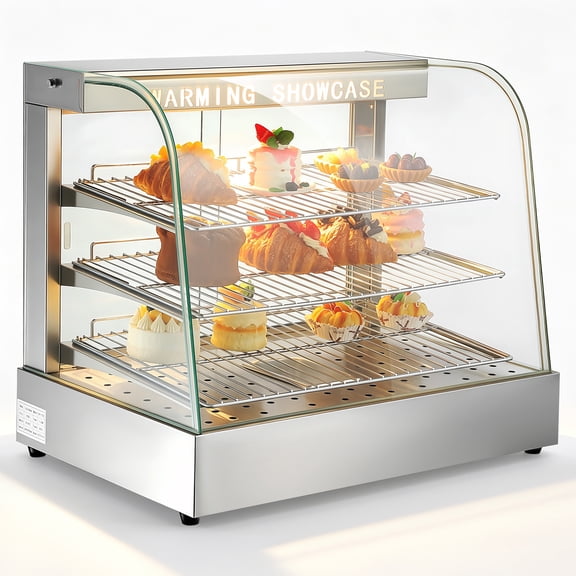 SWETRACE 26-Inch 3-Tier Commercial Food Warmer Display Case with LED Glass Door and Fan-Forced Heating for Buffet Restaurant White