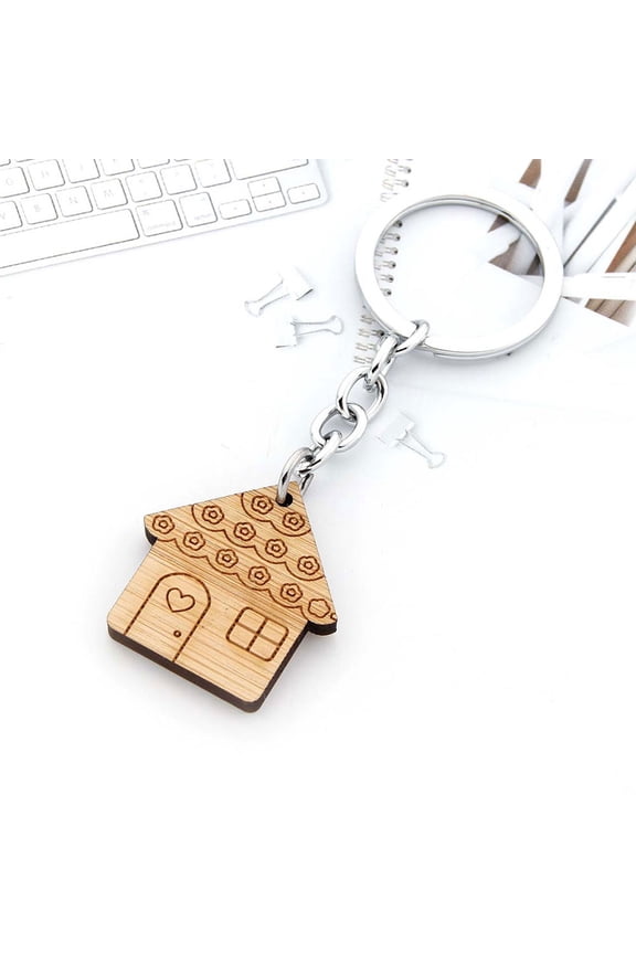 2-Pack Couple Key Chains Set, Charming Wooden House Shape with Zinc Alloy, Perfect Gift for Partners, 3.50X3.00X0.30Cm