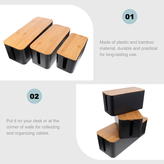 SWETRACE 3-Piece Black Cable Management Box Set, Plastic Wire Organizer Cases with Lids for Home Office, Living Room