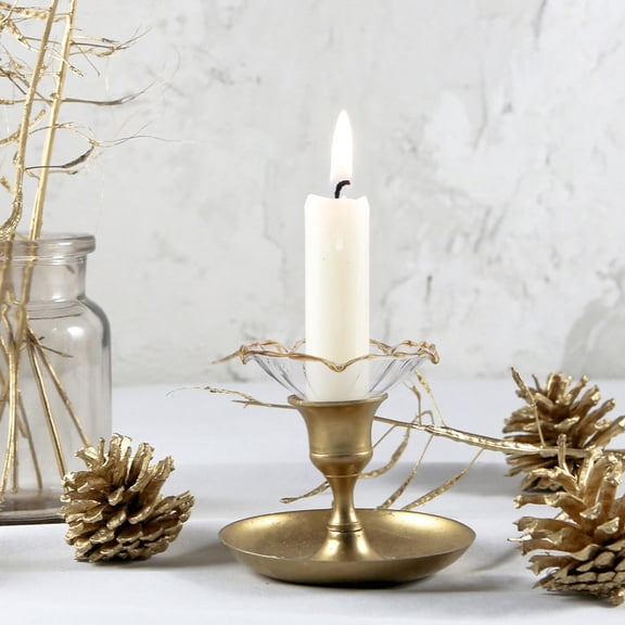 SWETRACE 3Pcs Reusable Glass Bobeches for Candlestick Holders with Plated Gold Rim Wax Drip Guards
