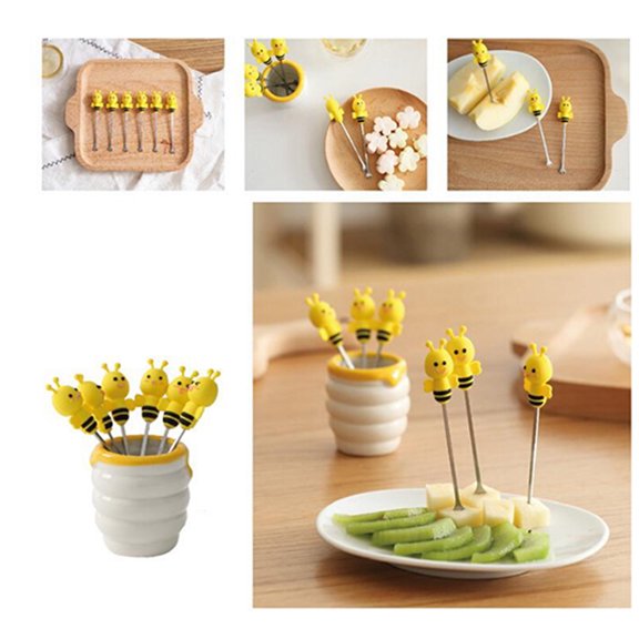 SWETRACE 7 Pcs Bee Fruit Fork Set with Ceramic Holder for Party Serving