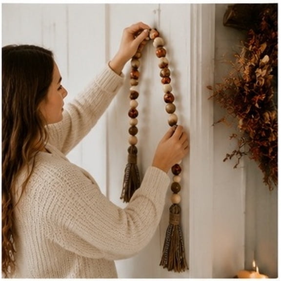 SWETRACE Creative Bead Tassel Wooden Beads Wall Decor Beige for Home and Party 1Pc