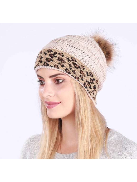 Cozy Knitted Winter Beanie Hat with Leopard Print, Stretchy Fit and Soft Pom Pom for Women and Men