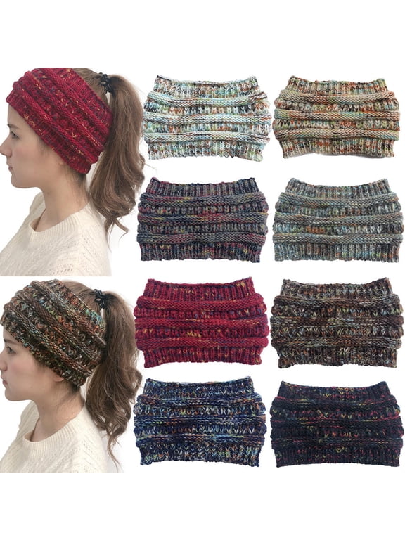 Black Knit Ponytail Beanie Hat, Woolen Yarn Winter Cap, Thick Warm Messy Bun Headband for Women Outdoor Cold Weather