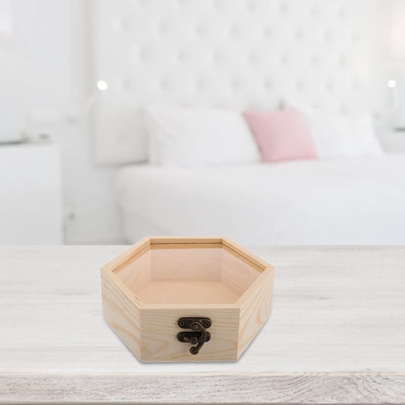 SWETRACE Hexagon Wooden Keepsake Box with Glass Lid Pine Wood Elegant Storage