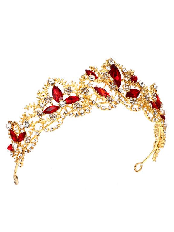 Elegant Red Wedding Crown Headband Rhinestone Hairpiece for Formal Occasion