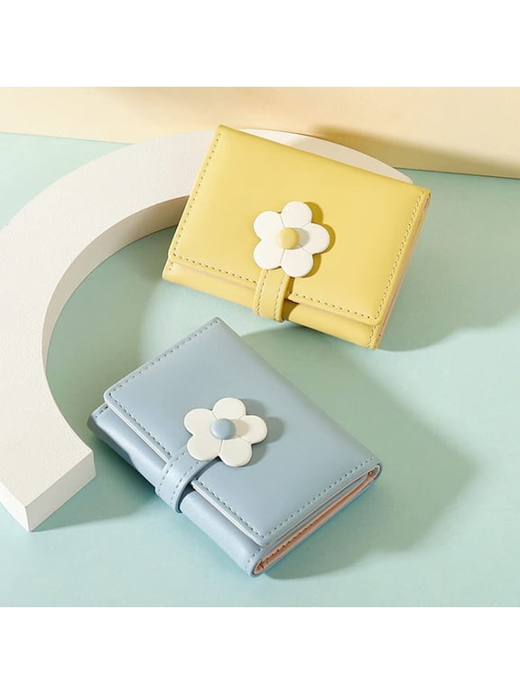 PU Yellow Flower Pattern Student Wallet for Card and Coin Storage