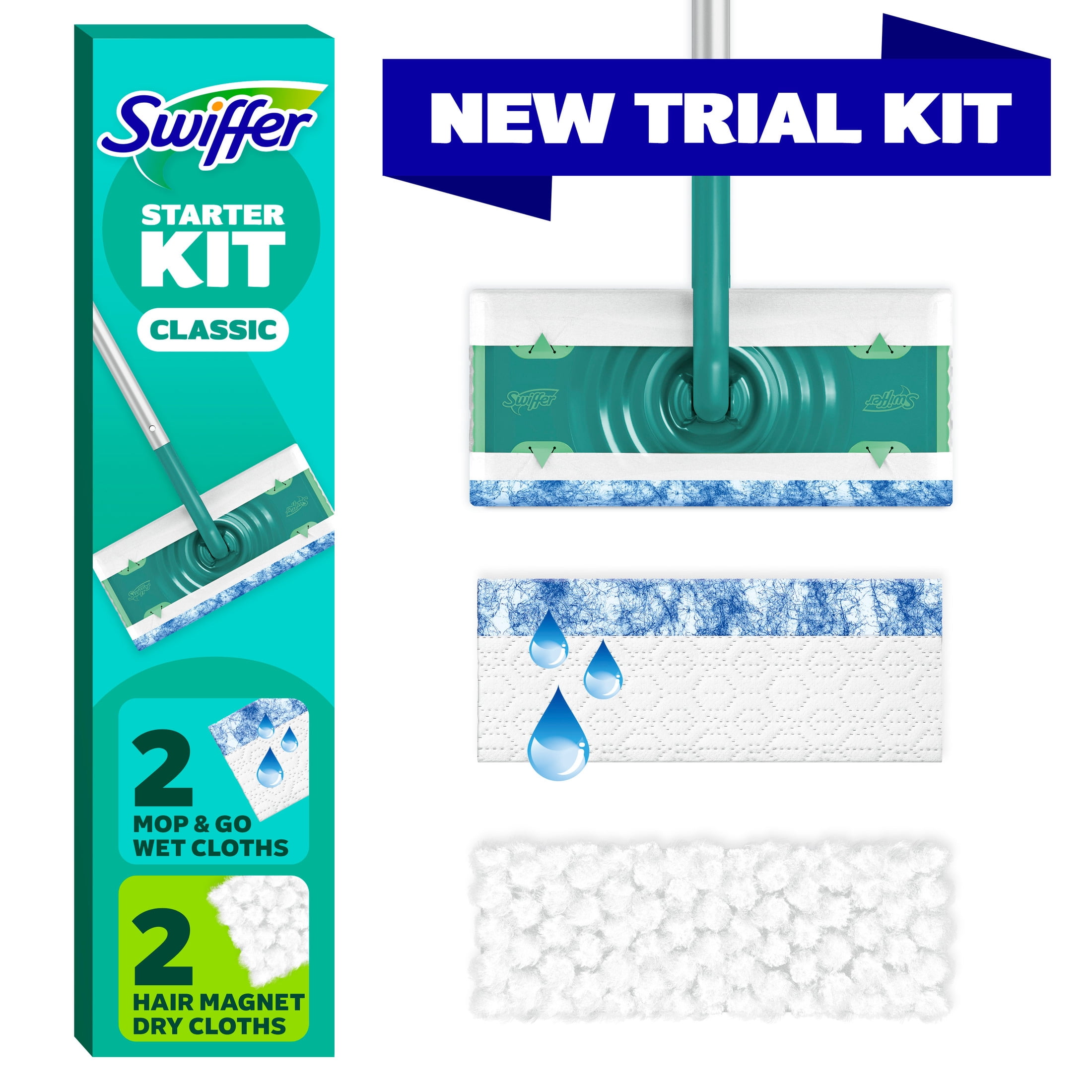Swiffer Starter Classic Kit (1 Device, 2 Hair Magnet Dry Cloths, 2 Mop & Go Wet Cloths)