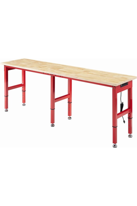 Adjustable Workbench with Power Outlets, 2000 LBs Heavy Duty Work Table with Solid Rubber Wood Top,Hooks for Garage,96x24 inches