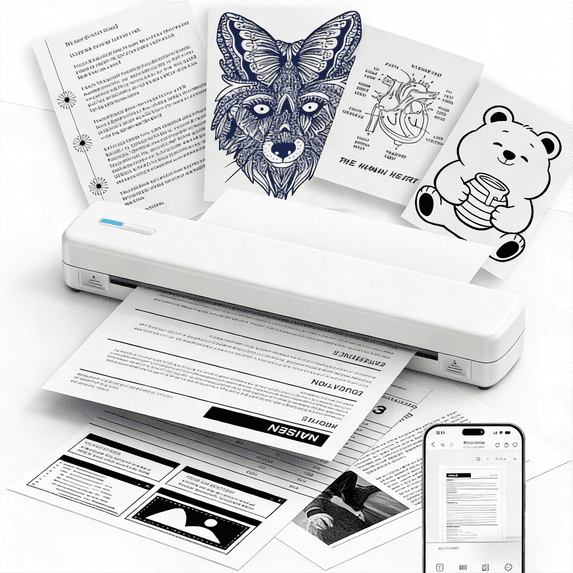 SWIFINT D810 Portable Printer for Travel, Bluetooth Inkless Thermal Printer, US Letter & A4, iOS/Android Phone & USB Laptop, White.