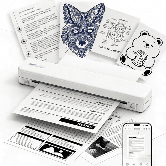 SWIFINT D810 Portable Printer for Travel, Bluetooth Inkless Thermal Printer, US Letter & A4, iOS/Android Phone & USB Laptop, White.