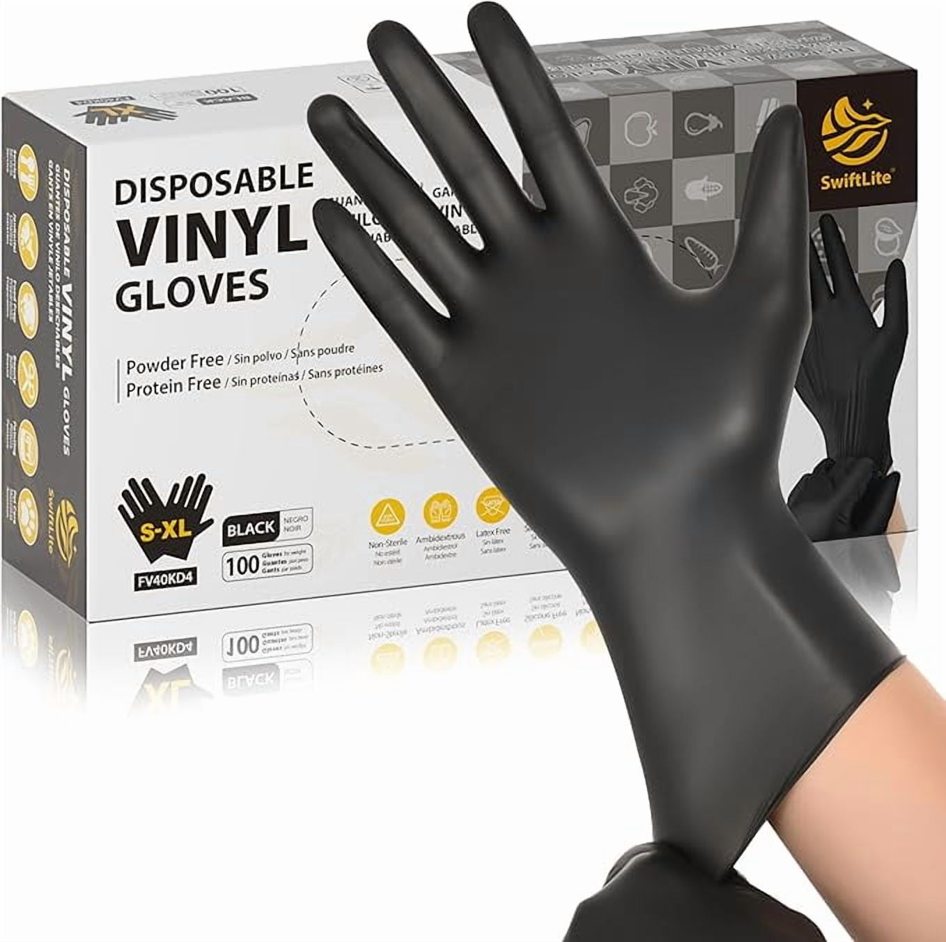 SWIFTLITE Black Vinyl Gloves, Food Grade Gloves Disposable Latex Free & Powder Free, Guantes for Cleaning Cooking Food Prep (100, Large)