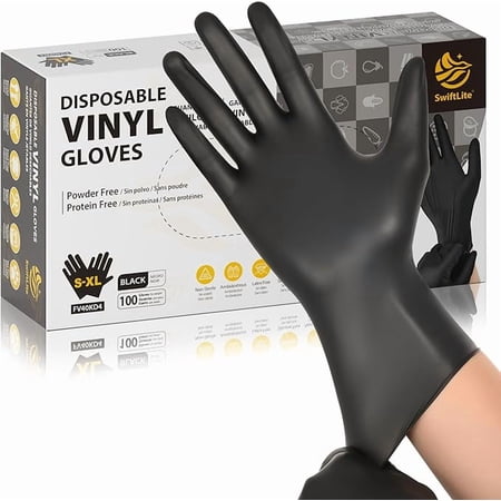 SWIFTLITE Black Vinyl Gloves, Food Grade Gloves Disposable Latex Free & Powder Free, Guantes for Cleaning Cooking Food Prep (100, Large)