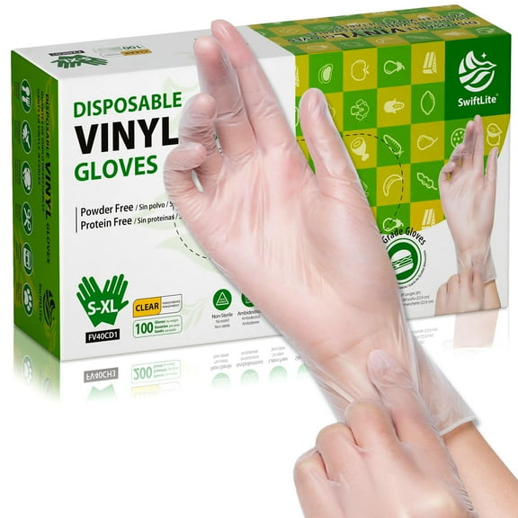 SWIFTLITE Disposable Vinyl Gloves, Food Safe, Latex-Free Powder-Free Clear Plastic Gloves for Cooking, House Clean, Food Prep (100, Large)