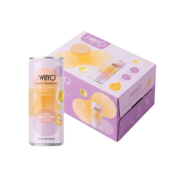 SWIIYO Beauty Sparkling Water - Grape Passion Fruit Flavor, 0 Sugar, 10.5 fl oz (310ml) x 12 Cans