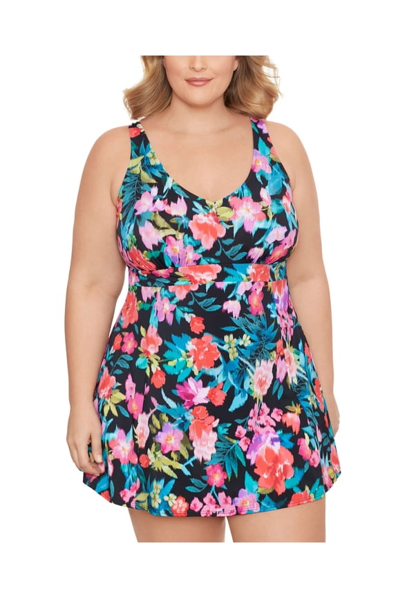 Women's Black Floral Stretch Allover Slimming Adjustable Deep V Neck Fixed Cups Swimdress 22W