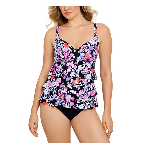 SWIM SOLUTIONS Women's Black Floral Stretch Full Bust Support TUMMY CONTROL Tiered Dancing Queen One Piece Swimsuit 8