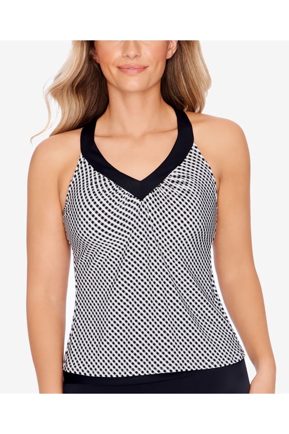 Women's Black Micro Check Stretch Full Bust Support Ring Adjustable Tankini Swimsuit Top 10