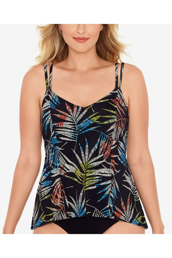 Women's Black Palm Print Stretch Full Bust Support V-Neck Lined Fixed Cups Adjustable Tankini Swimsuit Top 10