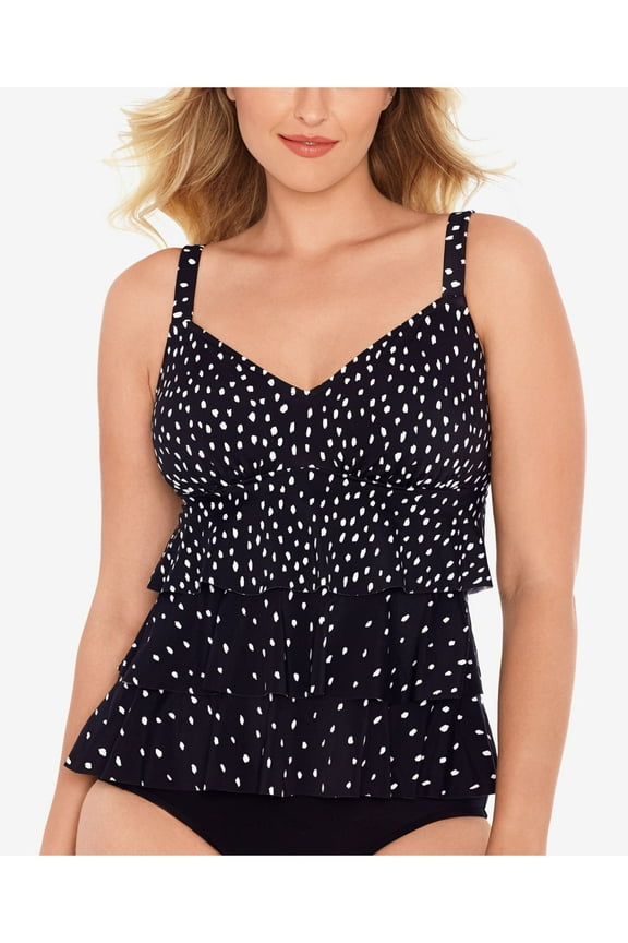 Women's Black Printed Stretch Allover Slimming Tiered Hem Lined Deep V Neck Adjustable Tankini Swimsuit Top 16 Bralette