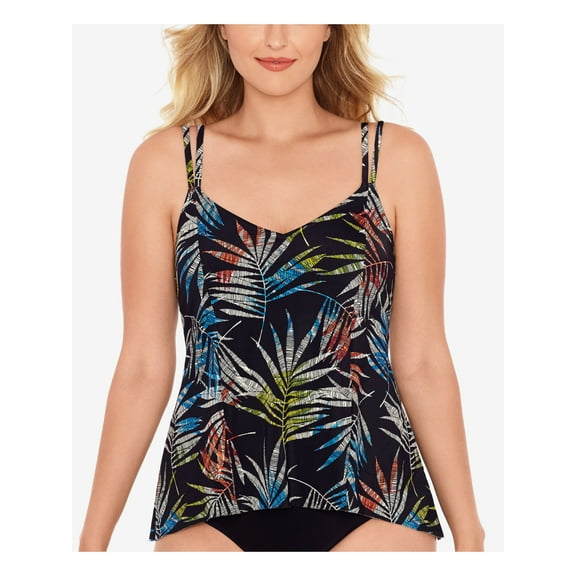 SWIM SOLUTIONS Women's Black Printed Stretch Deep V Neck Adjustable Tankini Swimsuit Top 8