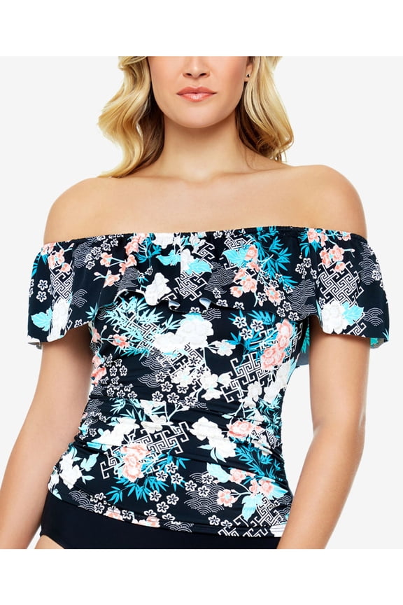 Women's Black Printed Stretch Tummy Control Ruched Sides Tankini Ruffled Fixed Cups Off The Shoulder Swimsuit Top 10