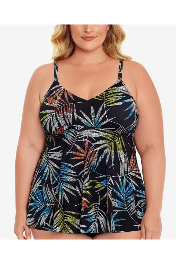 Women's Black Tropical Print Push-Up Skirted-Hem Lined Stretch Deep V Neck Adjustable Pacifica Palm Underwire Tankini Swimsuit Top 22W