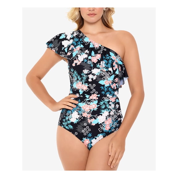 SWIM SOLUTIONS Women's Black Tropical Print Stretch Allover Slimming Fixed Cups Full Coverage Ruffled One Shoulder One Piece Swimsuit 12