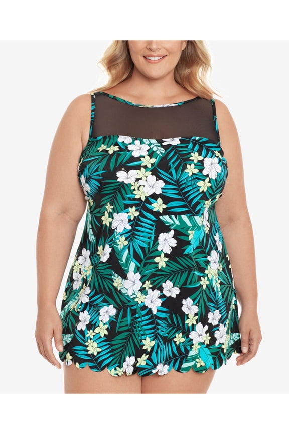 Women's Black Tropical Print Stretch Tummy Control High Neck Lined Full Coverage Scalloped Swimdress 24W