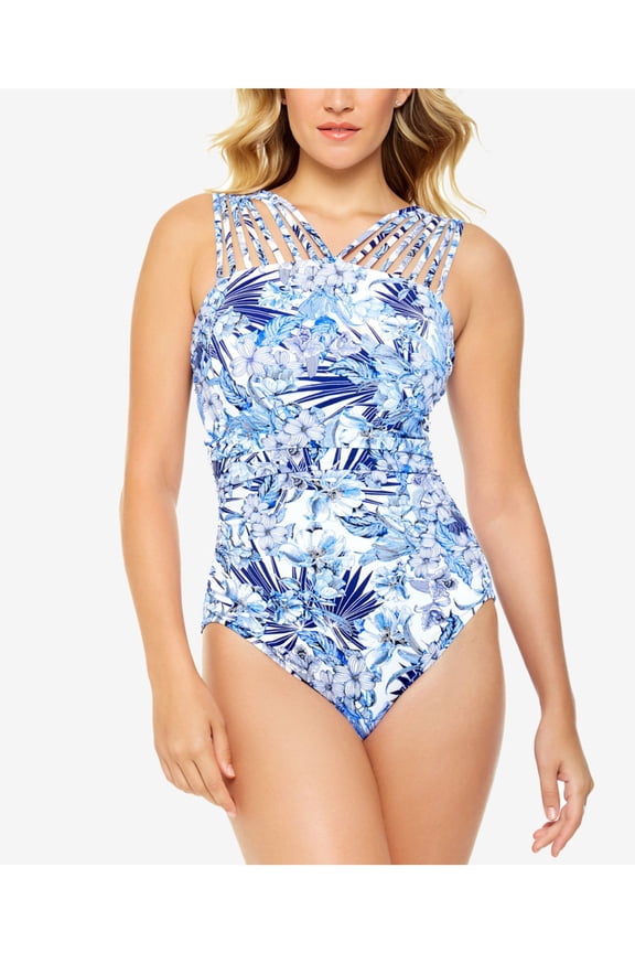 Women's Blue Floral Stretch Tummy Control Bust Support Fixed Cups Strappy High Neck One Piece Swimsuit 10