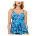 thumbnail image 1 of SWIM SOLUTIONS Women's Blue Printed Stretch Lined Deep V Neck Adjustable Tankini Swimsuit Top 8, 1 of 3