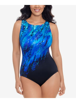 SWIM SOLUTIONS Women's Blue Patterned Stretch Tummy Control Lined Tiered  Adjustable Fixed Cups Scoop Neck One Piece Swimsuit 14