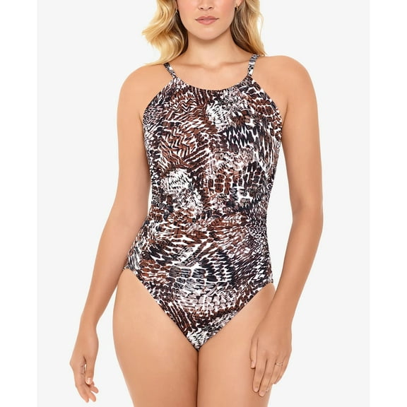 SWIM SOLUTIONS Women's Brown Printed Tummy Control Halter One Piece Swimsuit 14