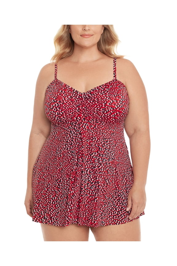 Women's Burgundy Printed Stretch Tummy Control Adjustable Bust Support Deep V Neck Full Coverage Baby Spice Swimdress 26W