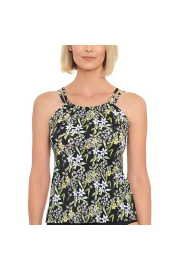 Women's Multi Color Floral Stretch Full Bust Support Double-Strap High Scoop Neck Molded Cup Tankini Swimsuit Top 16