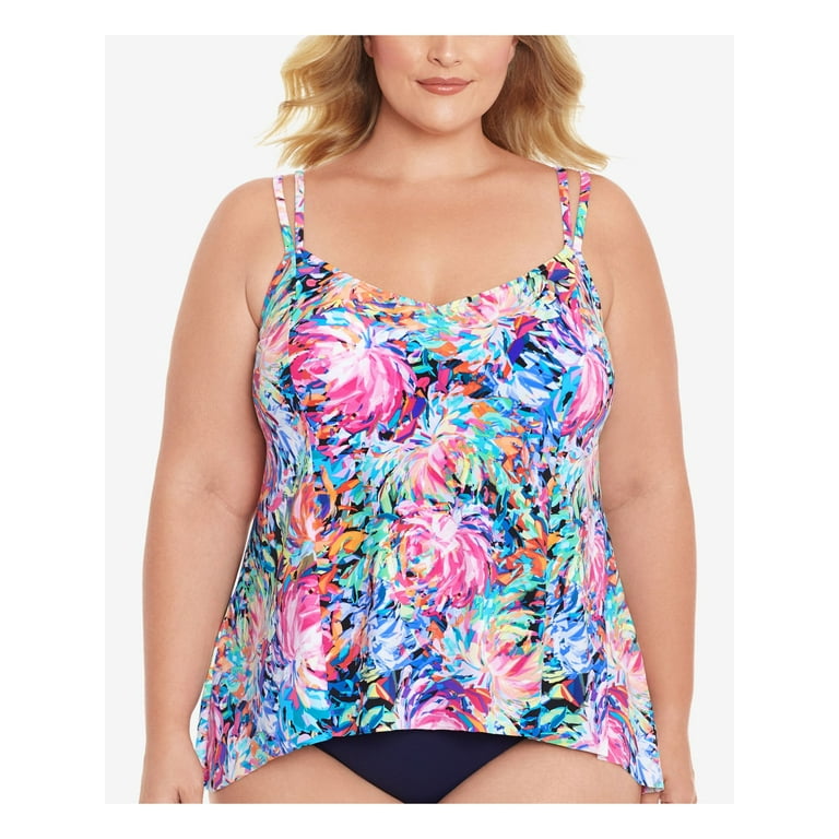SWIM SOLUTIONS Women s Multi Color Printed Stretch Full Bust Support Handkerchief Hem Lined Deep V Neck Adjustable Magnolia Tankini Swimsuit Top 20W