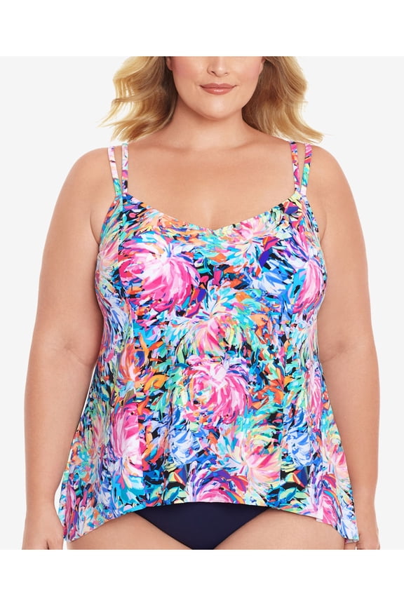 Women's Multi Color Printed Stretch Full Bust Support Handkerchief-Hem Lined Deep V Neck Adjustable Magnolia Tankini Swimsuit Top 22W