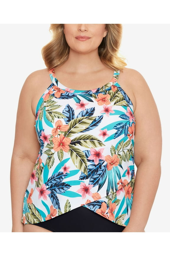 Women's White Tropical Print Stretch Adjustable Montego Bay Tankini Swimsuit Top 24W