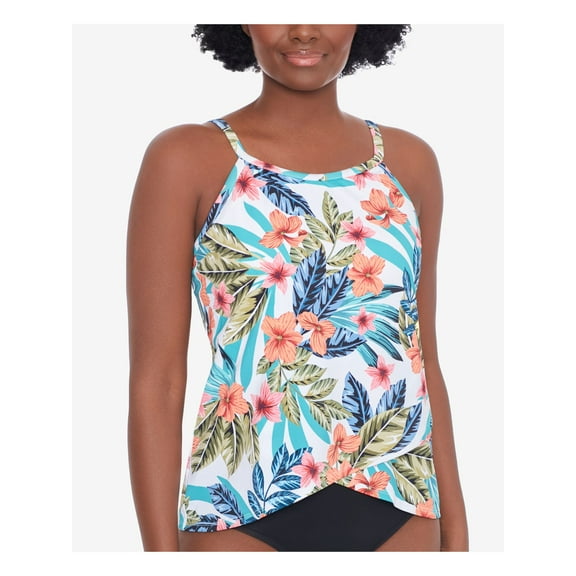 SWIM SOLUTIONS Women's White Tropical Print Stretch Overlap-Hem Lined Adjustable Fixed Cups High Neck Tankini Swimsuit Top 8