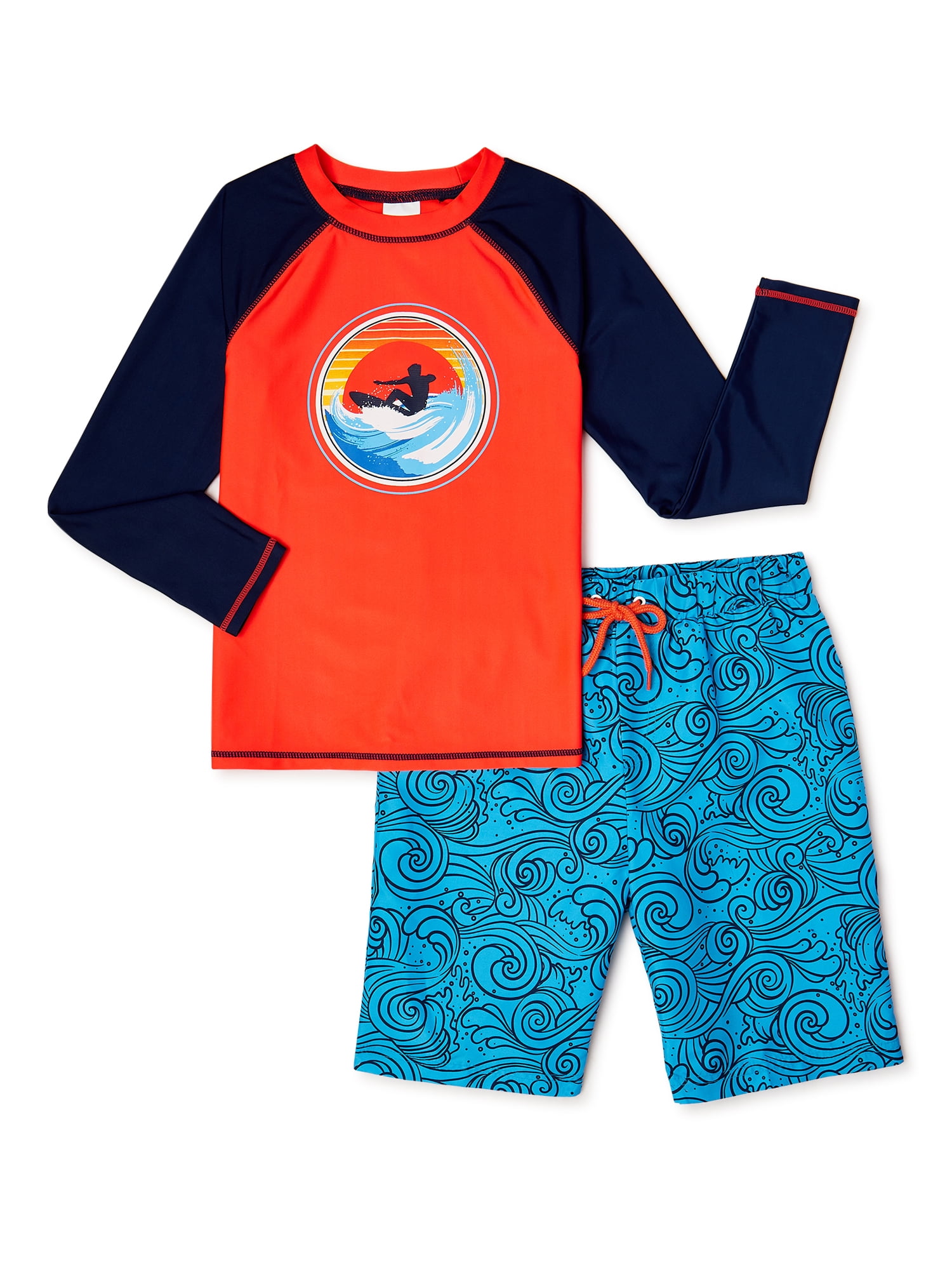 SWIMFIX Boys UPF 50+ Long Sleeve Wave Rider Rash Guard & Swim Trunks, 2