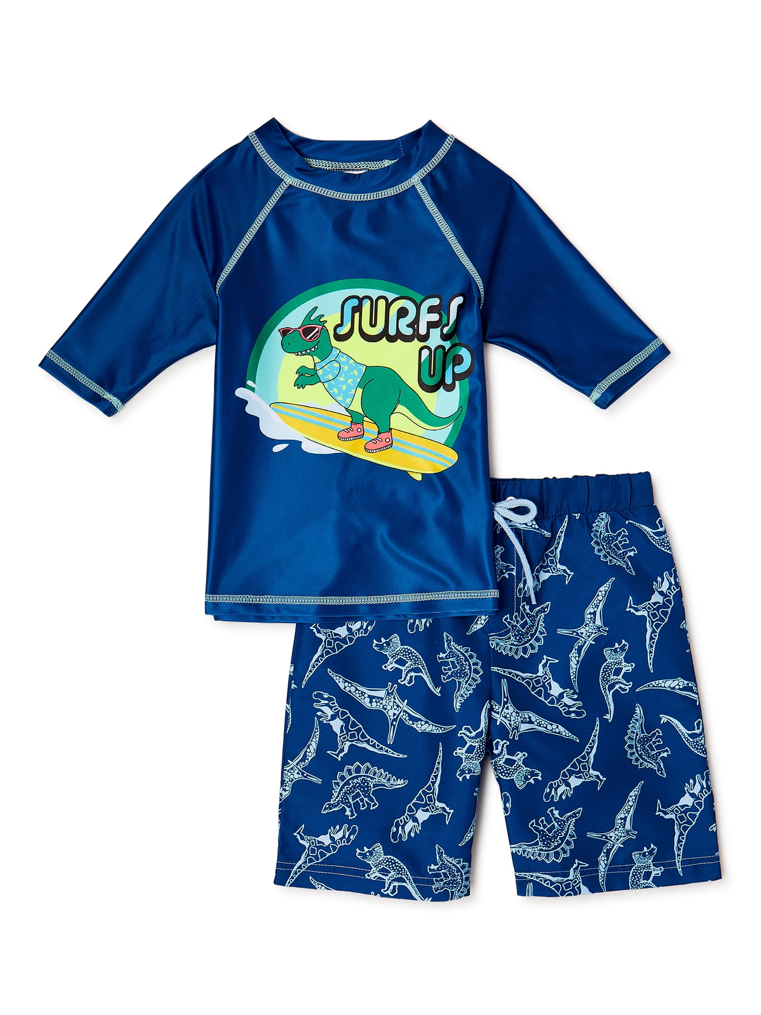 SWIMFIX Boys UPF 50+ Short Sleeve Dino Rash Guard & Swim Trunks, 2