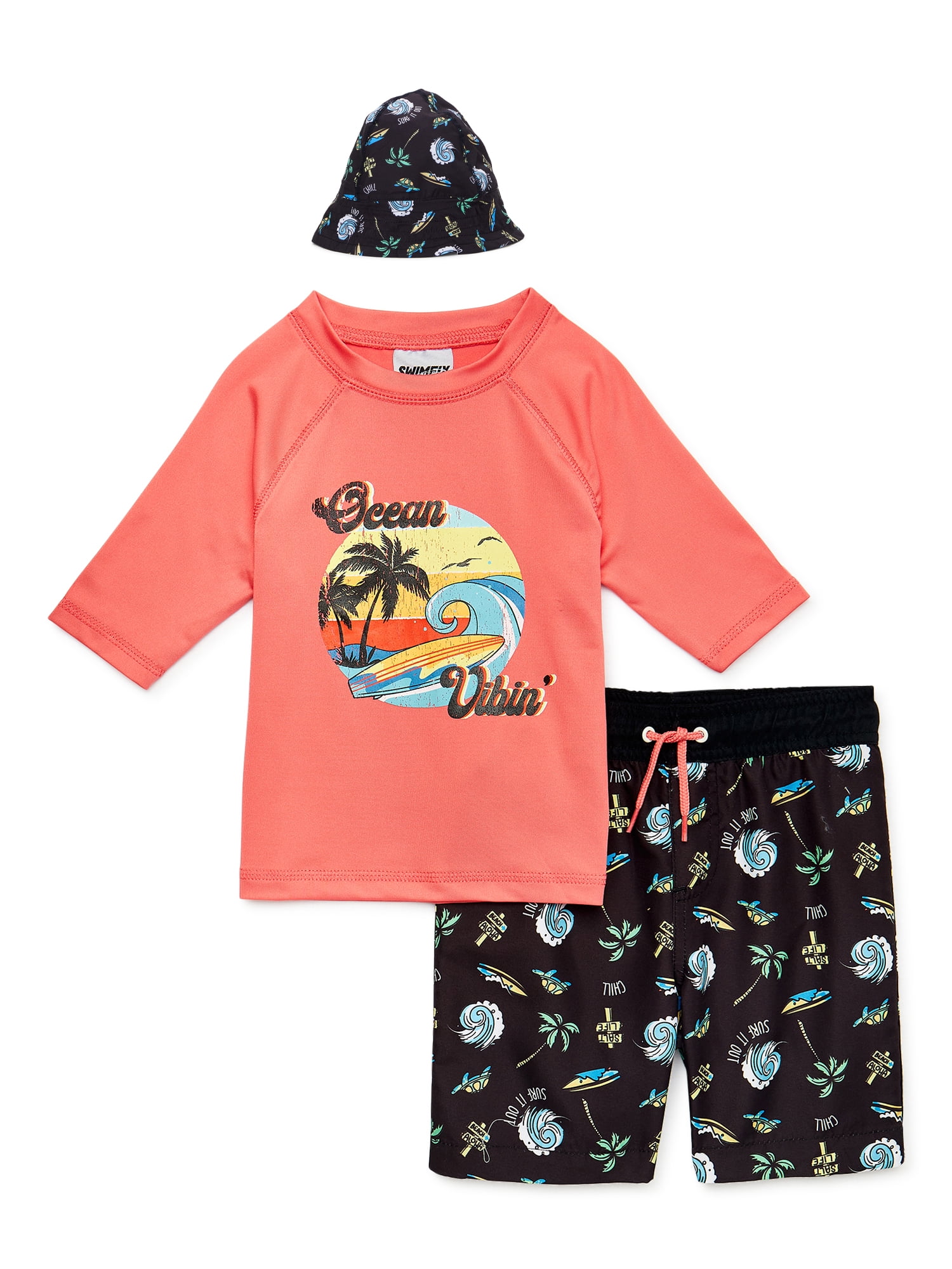 SWIMFIX Toddler Boy UPF50+, 3PC Short Sleeve Rashguard, Swim Trunk and
