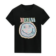 SWIMSHY Unisex Nirvana Band Smiley Face Cotton T-shirt Round Neck Oversized Graphic Printed Short Sleeve Casual Tee Black, XL