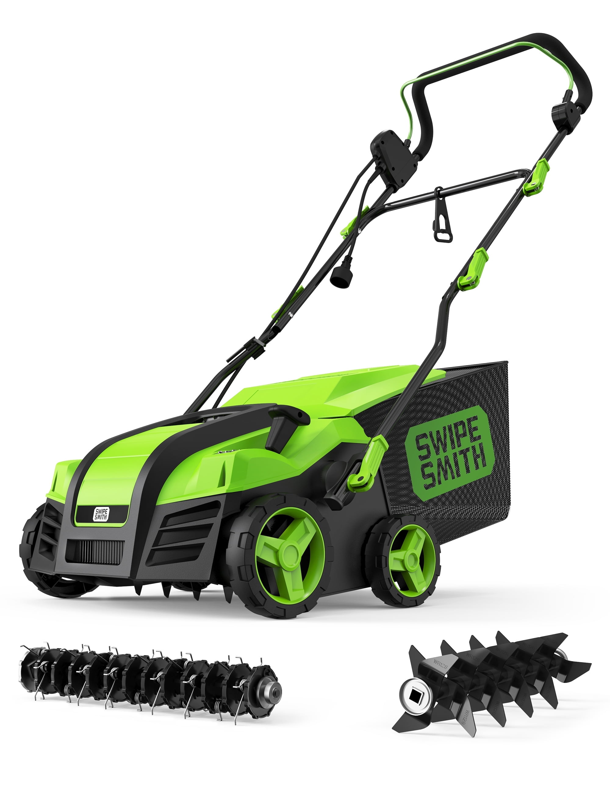 SWIPESMITH 16-Inch Green and Black Electric Lawn Dethatcher Scarifier
